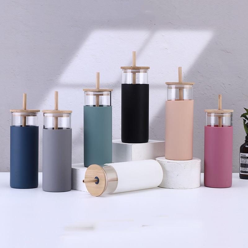 竹蓋帶吸管大容量玻璃杯