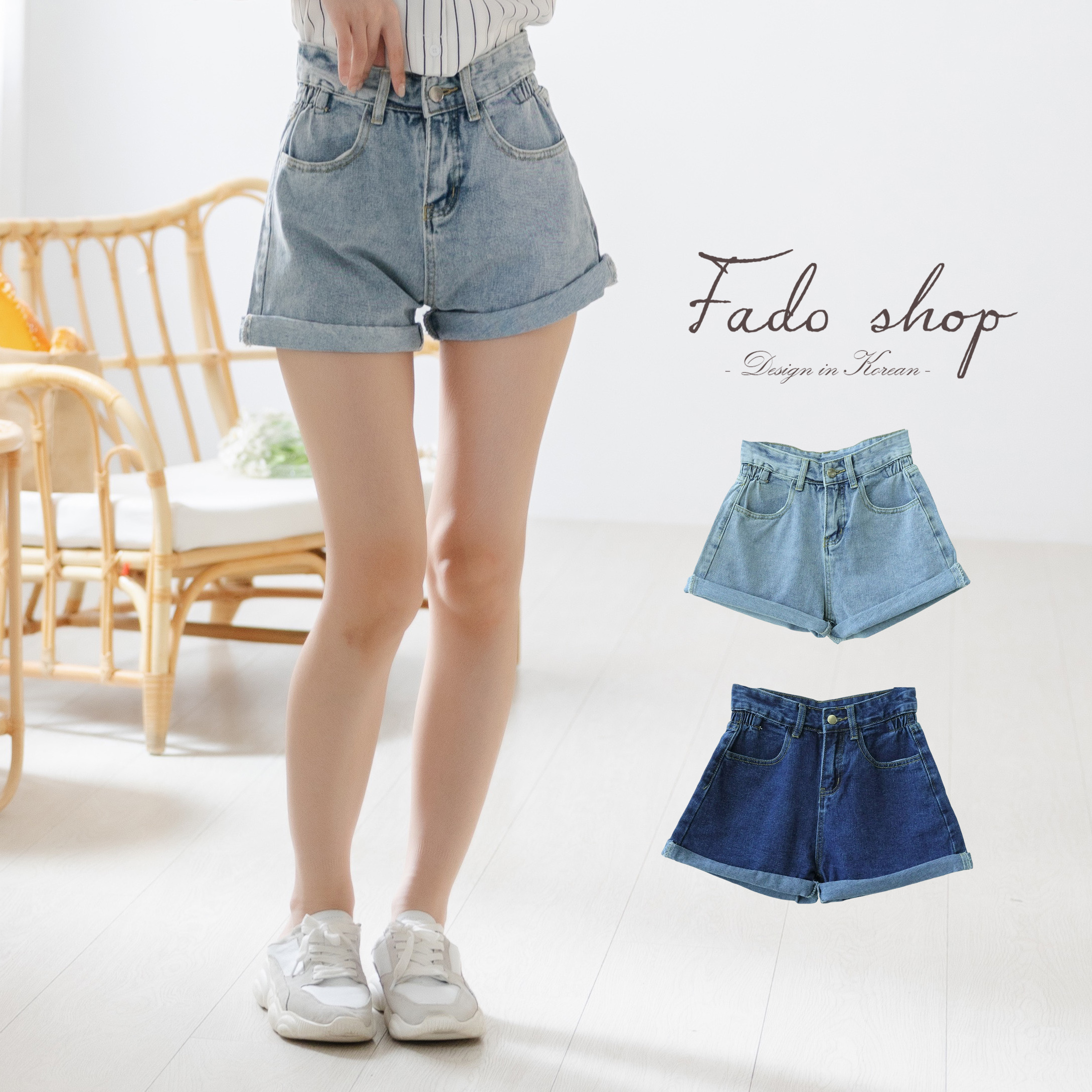 法朵Fado shop｜腰縮捲管牛仔短褲 250B002 深/淺藍 S~XL