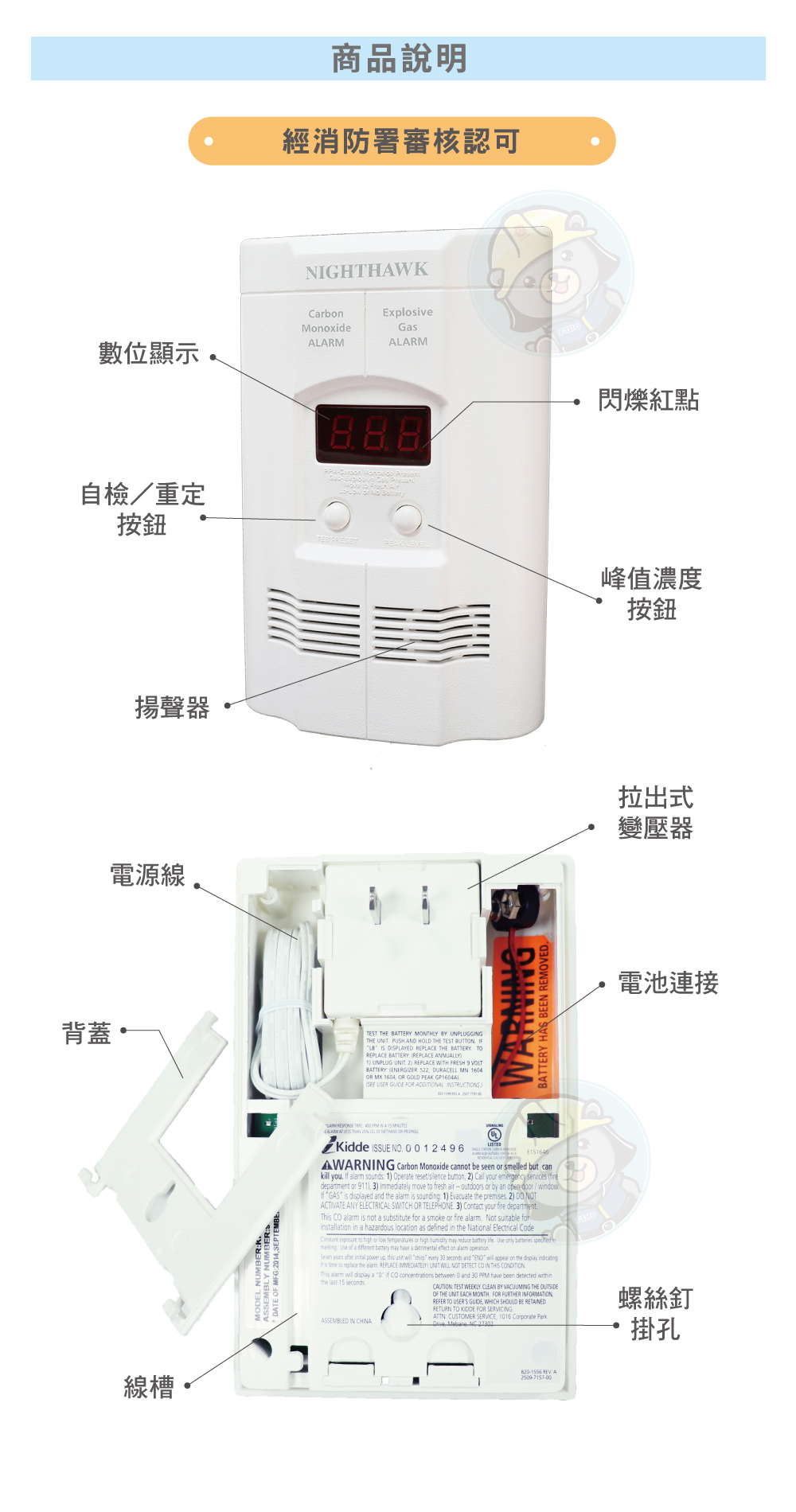 正德防火瓦斯及一氧化碳二合一偵測器商品配置與說明