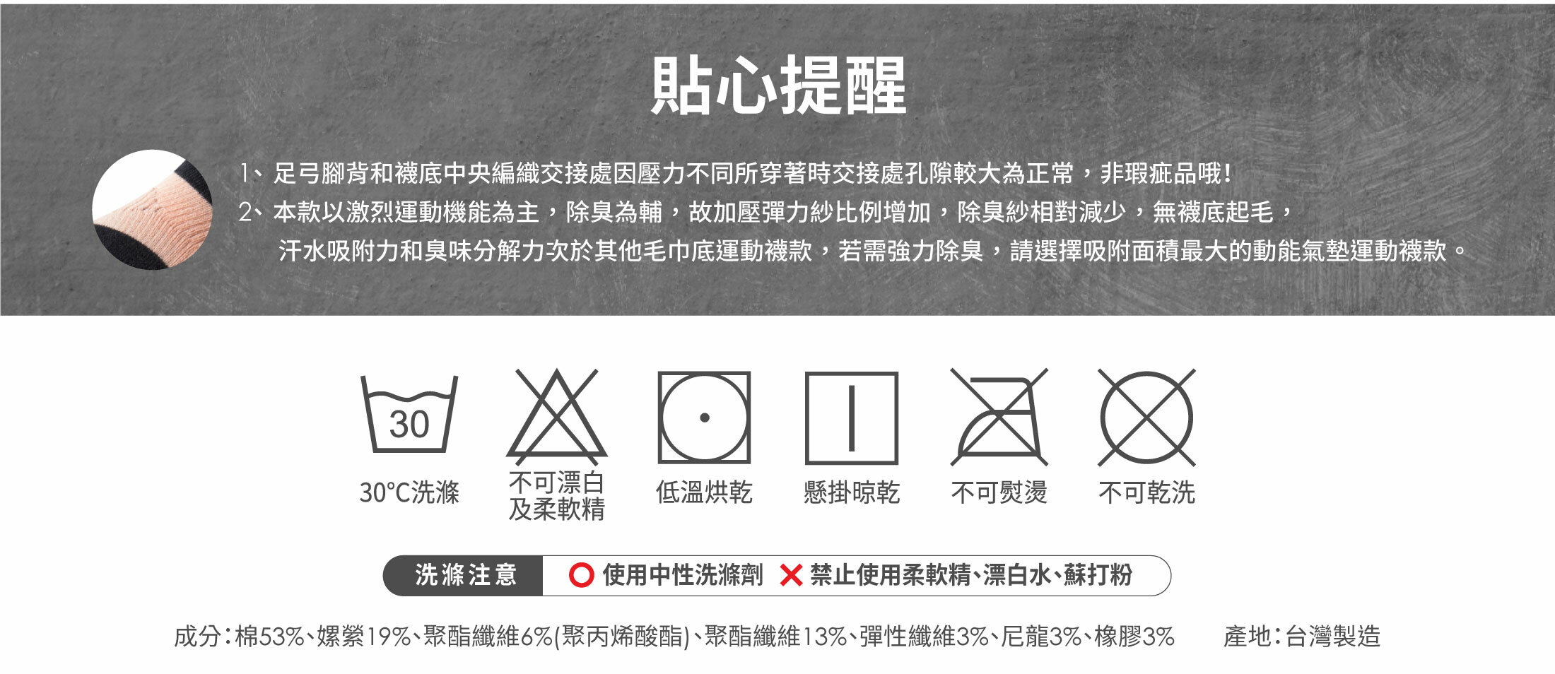 足弓腳背和襪底中央編織交接處因壓力不同所穿著時交接處孔隙較大為正常非瑕疵品哦!本款以激烈運動機能為主除臭為輔,故加壓彈力紗比例增加除臭紗相對減少無襪底起毛汗水吸附力和臭味分解力次於其他毛巾底運動襪款若需強力除臭,請選擇吸附面積最大的動能氣墊運動襪款
