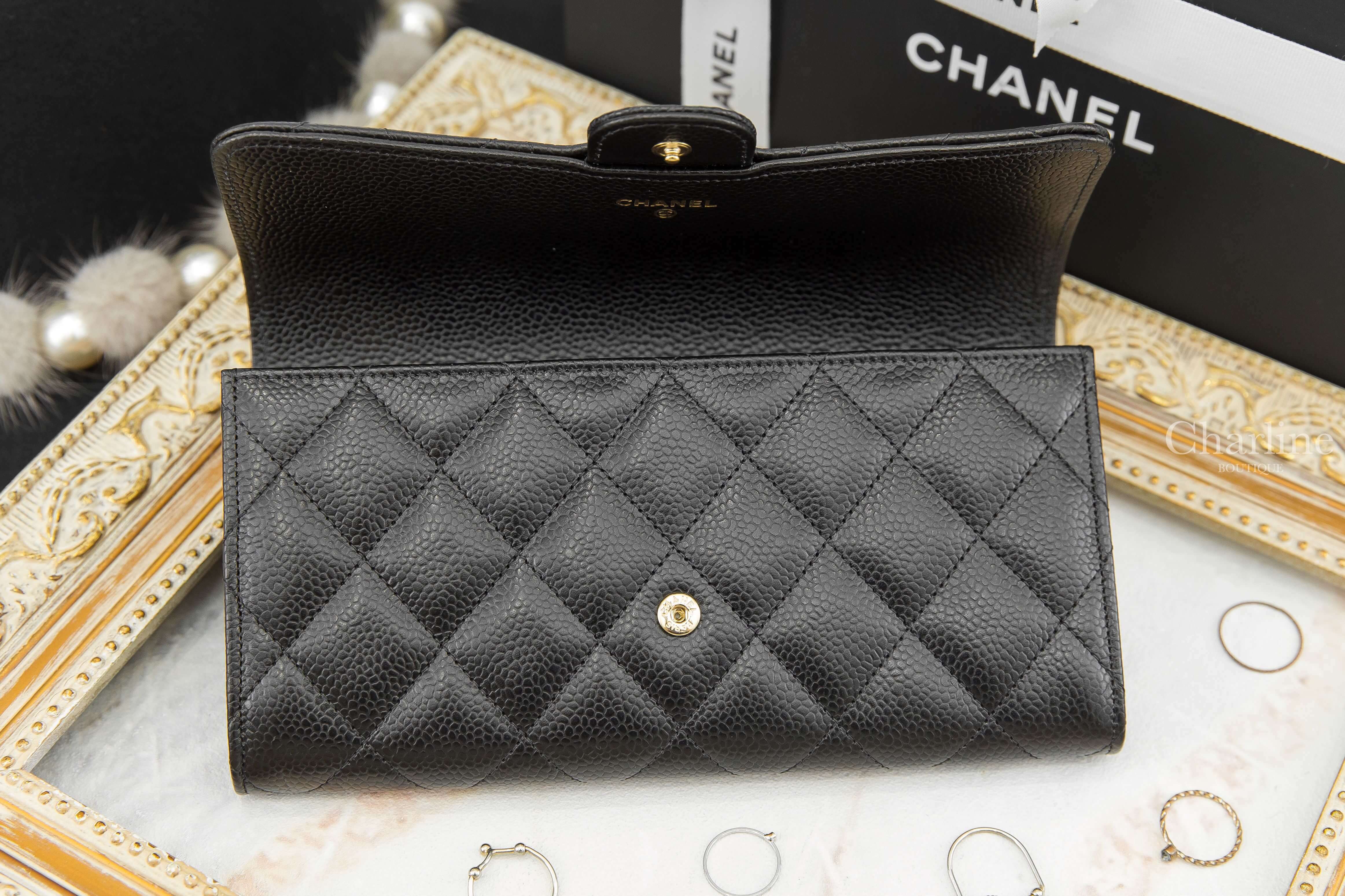 Chanel Wallet 黑色金CC荔枝菱格紋前釦式長夾-Charline Boutique 精品代購