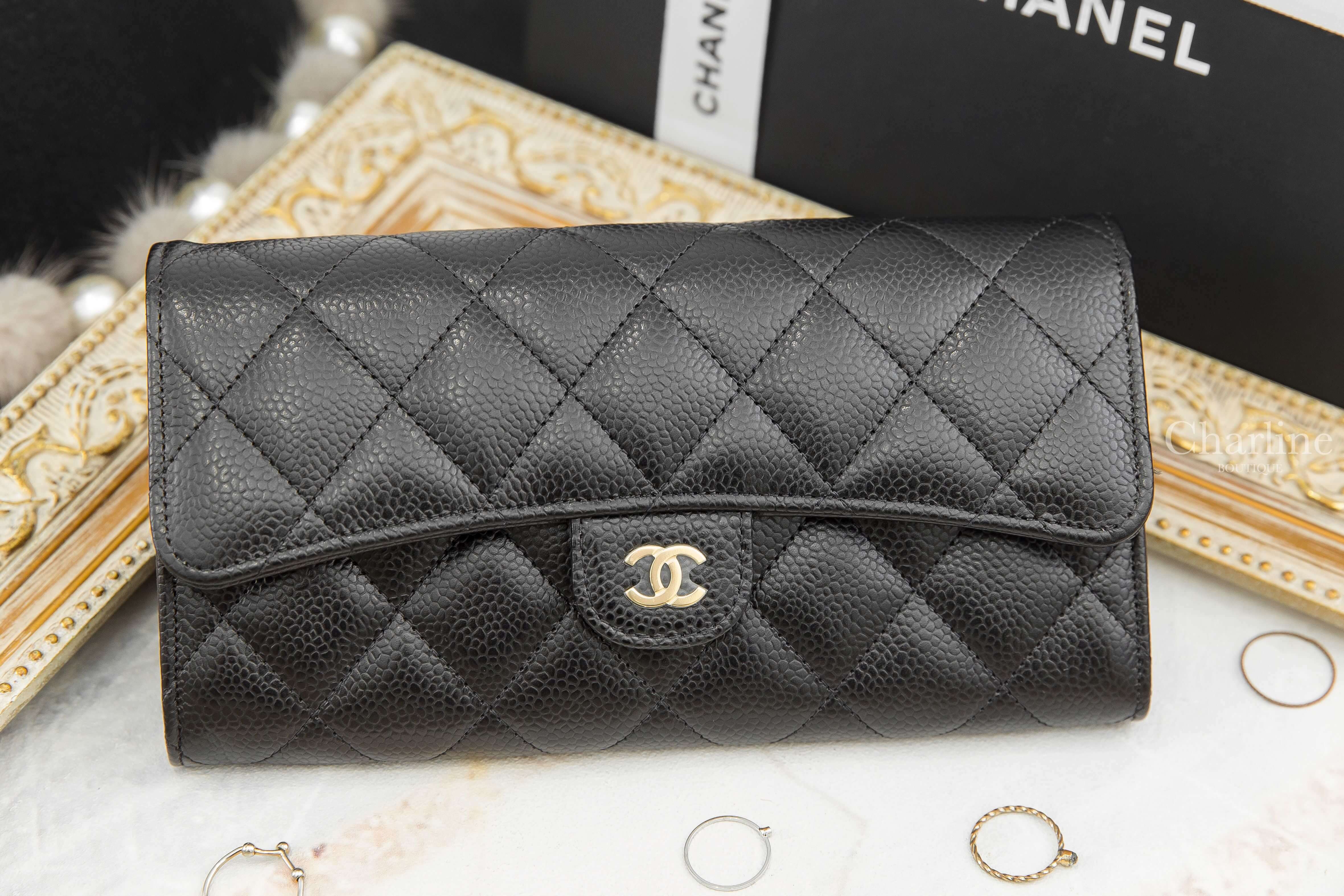 Chanel Wallet 黑色金CC荔枝菱格紋前釦式長夾-Charline Boutique 精品代購