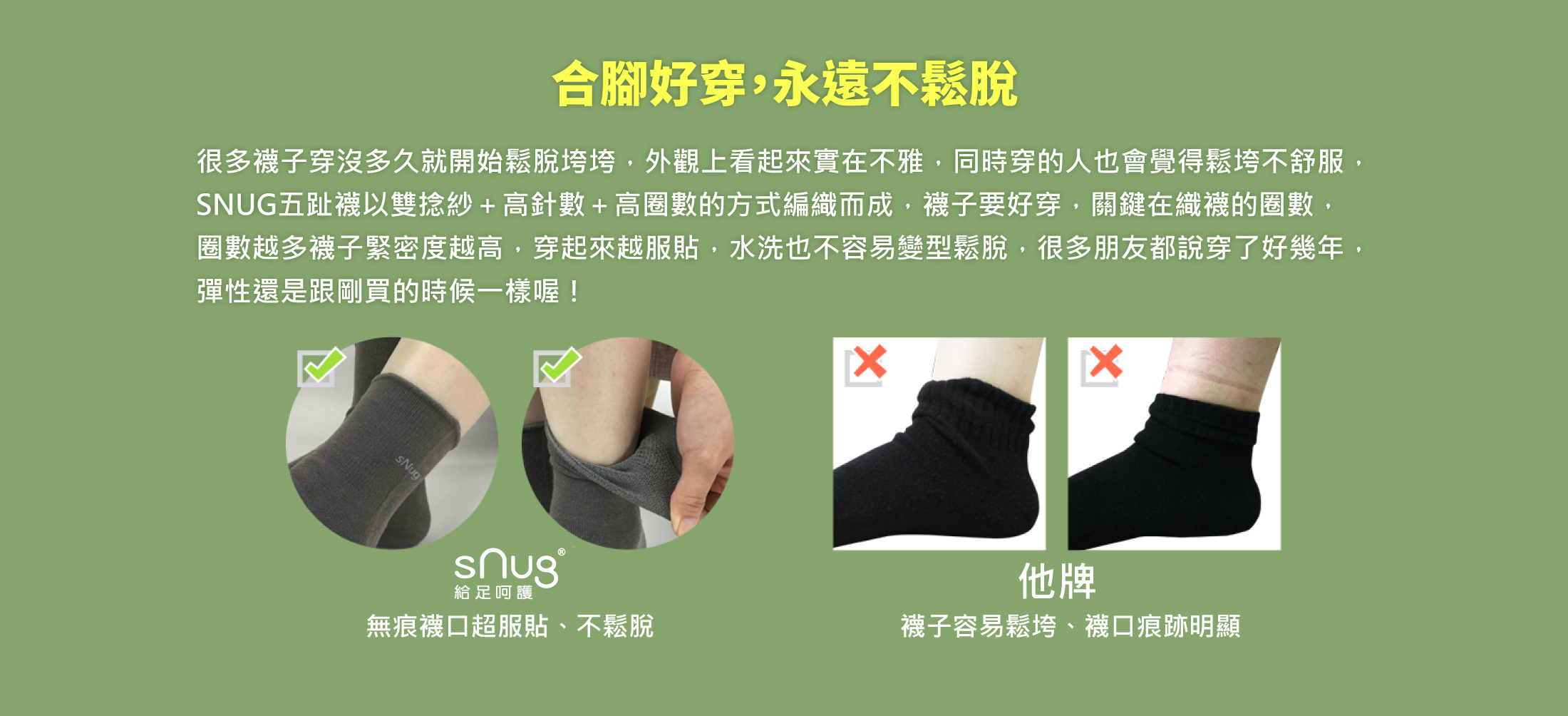 襪子穿沒多久就開始鬆脫垮垮外觀上看起來實在不雅同時穿的人也會覺得鬆垮不舒服SNUG五趾襪以雙捻紗高針數高圈數的方式編織而成襪子要好穿關鍵在織襪的圈數圈數越多襪子緊密度越高穿起來越服貼水洗也不容易變型鬆脫很多朋友都說穿了好幾年彈性還是跟剛買的時候一樣喔