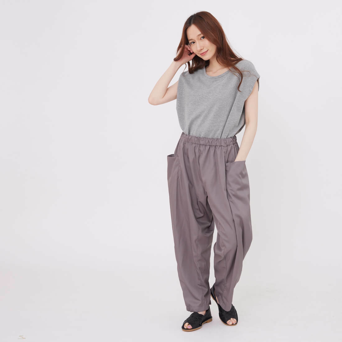 Alen大口袋鬆緊哈倫褲/岩灰