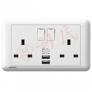 西門子 DELTA®seata 13A雙位開關插座 (帶USB插頭)(白/銀)