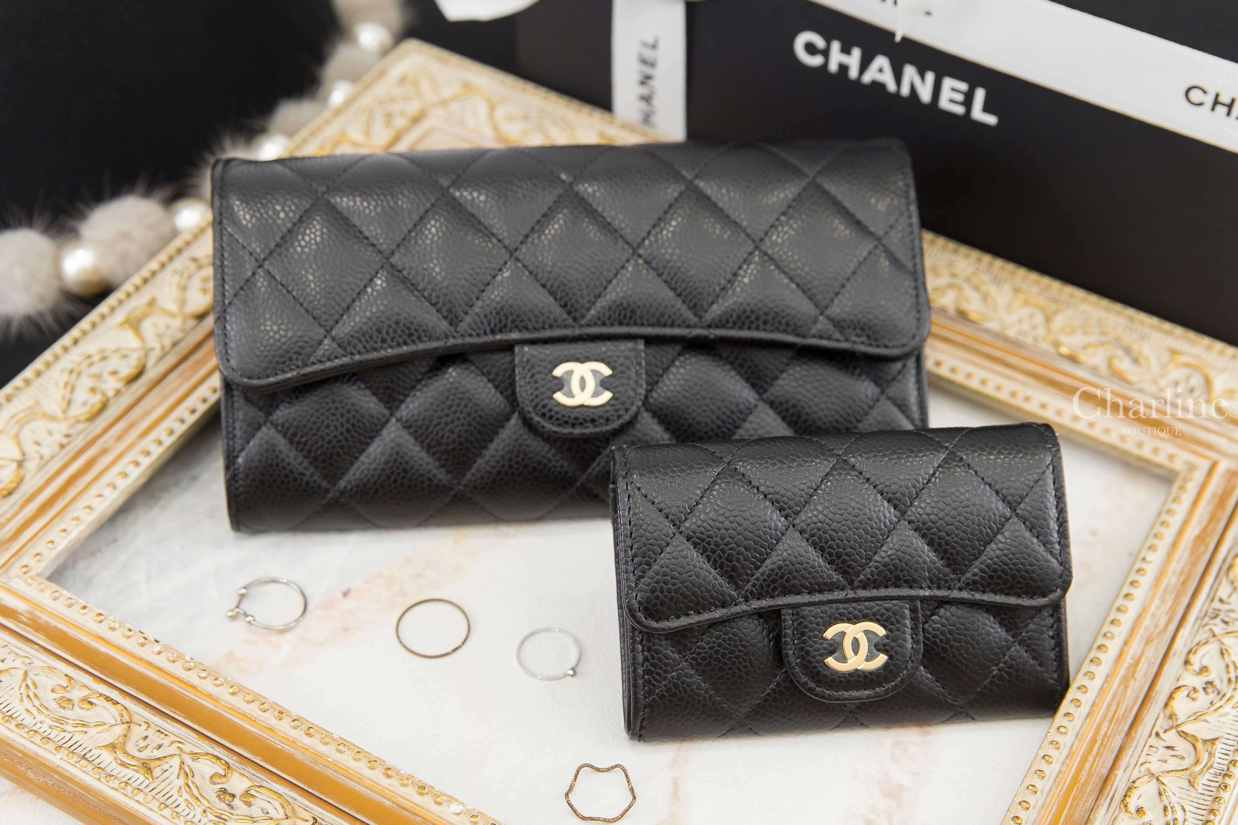Chanel Wallet 黑色金CC荔枝菱格紋前釦式長夾,Chanel Classic Card Holder 黑色金CC荔枝菱格紋零錢夾-Charline Boutique 精品代購