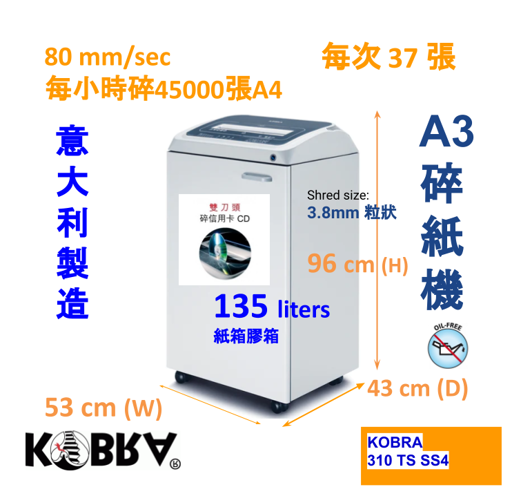 KOBRA 310 TS SS4 3.8 mm 雙刀頭中型辦公室碎紙機 37-39張, 135公升 (條狀)