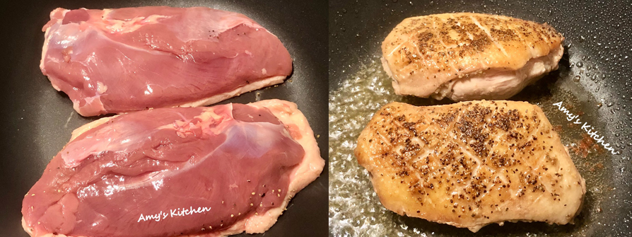 3.用平底鍋冷鍋不放油中小火，鴨胸皮面朝鍋底蓋鍋先煎10分鐘，可以設定計時器免顧爐火。