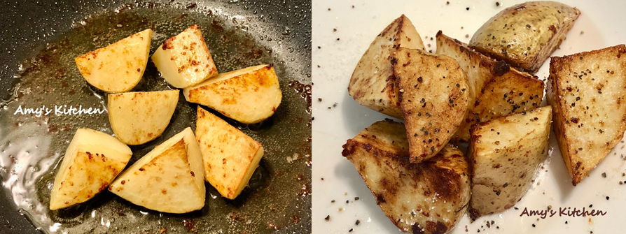 7.鴨胸做好放置時間來準備配菜，一鍋到底料理順序:黃金馬鈴薯塊/鴨油太陽蛋/鴨油炒青菜。