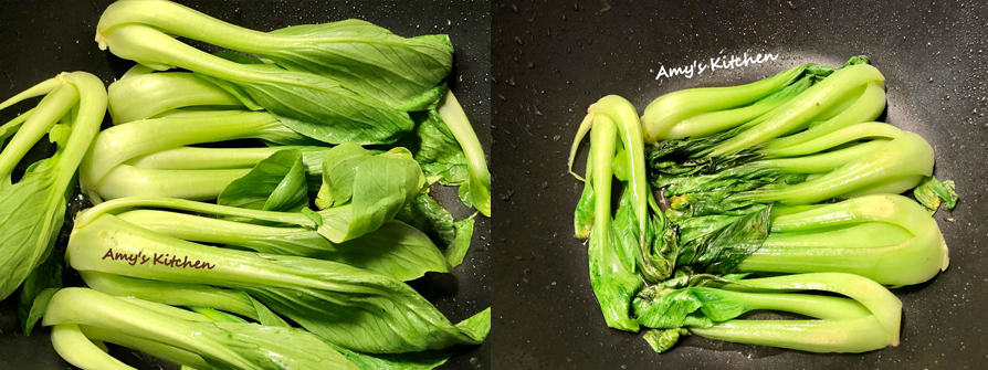 11.鴨油炒青菜: 用煎蛋的原鍋加1/3小匙鹽巴，均勻擺好青江菜，蓋鍋蒸炒1分鐘。
