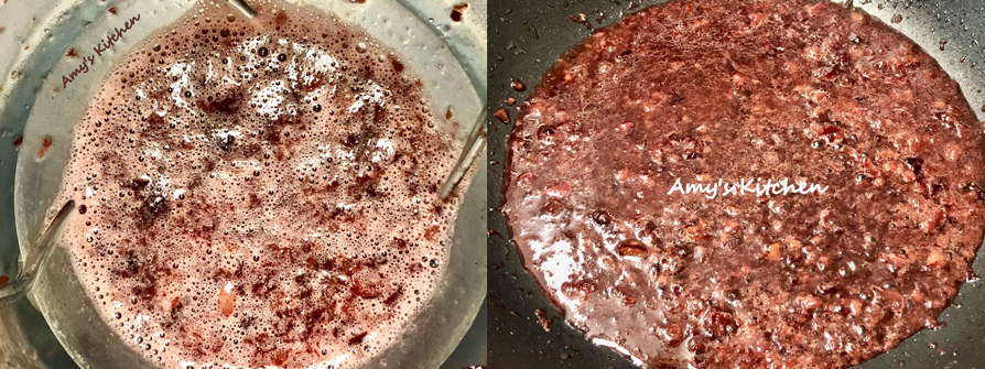 15.冷凍黑櫻桃已去籽，直接丟到果汁機加1大匙果醋打碎。