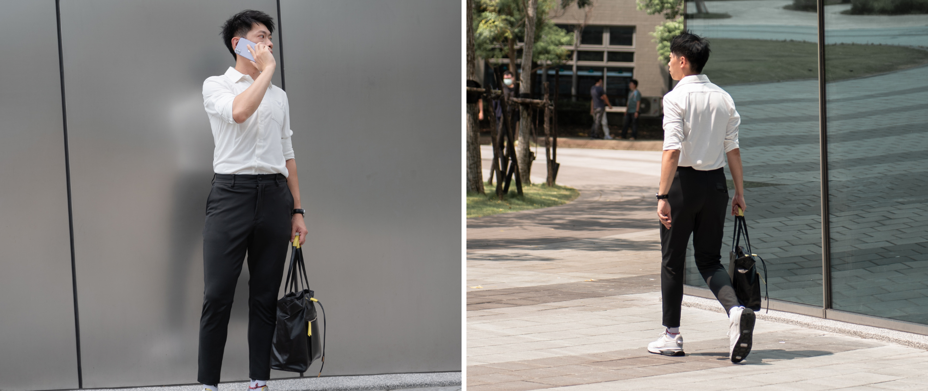 男生著白襯衫與黑西裝褲 準備進公司上班