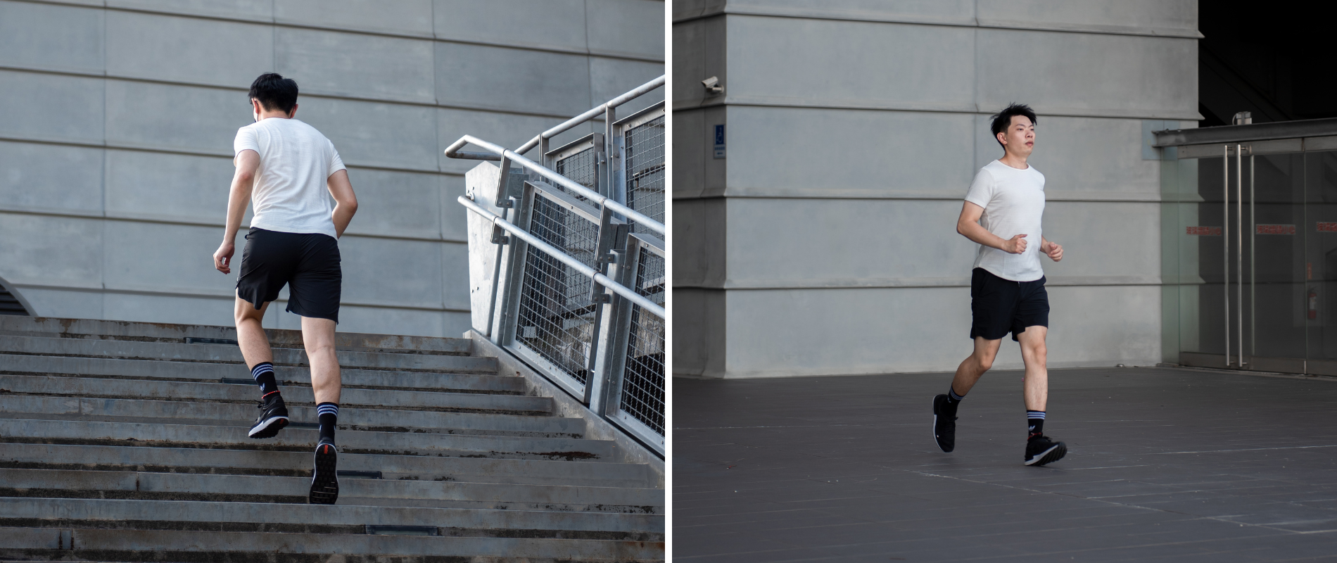 男生著白衣與黑色短褲 在空曠的場地慢跑