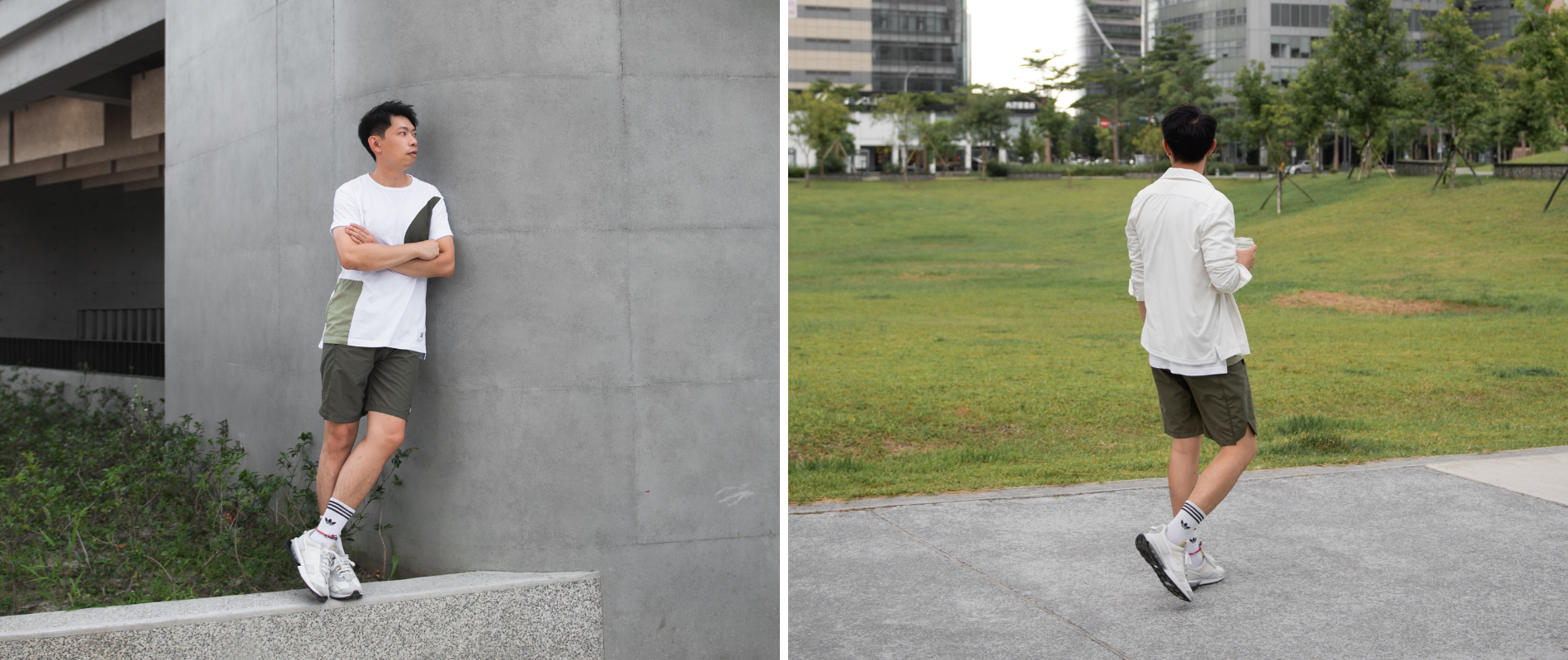 男生的休閒穿搭 白綠撞色短袖與綠色短褲