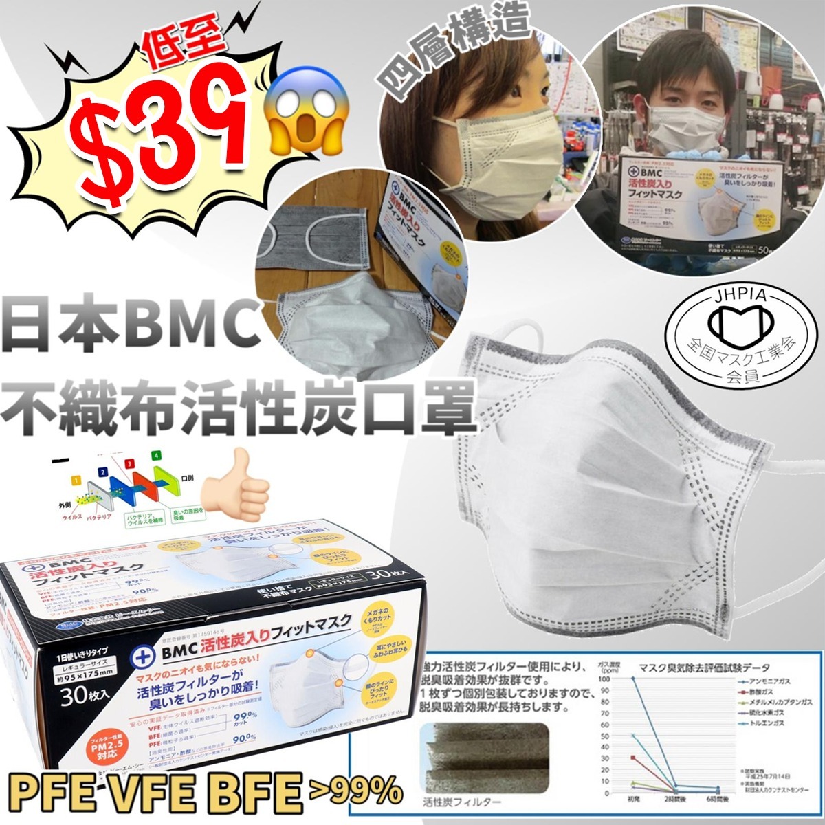 BMC不織布活性炭口罩30個裝