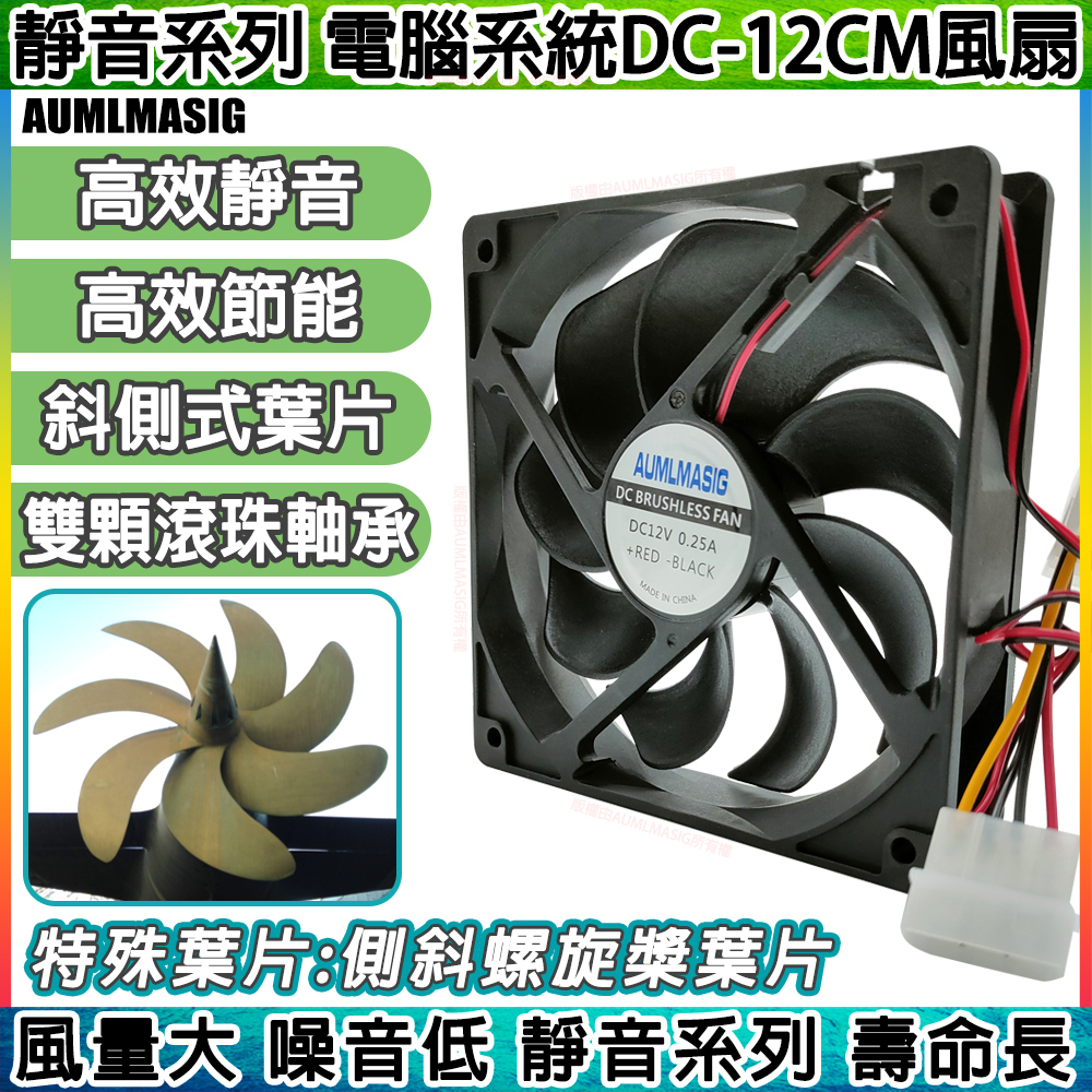 【AUMLMASIG】高效靜音風扇-電腦系統風扇-雙顆滾珠軸承 DC-12CM 4萬小時壽命 斜側式旋渦葉片 高效節能 CPU風扇/顯卡風扇/機殼風扇/礦機風扇/礦架風扇適用 大4PIN供電