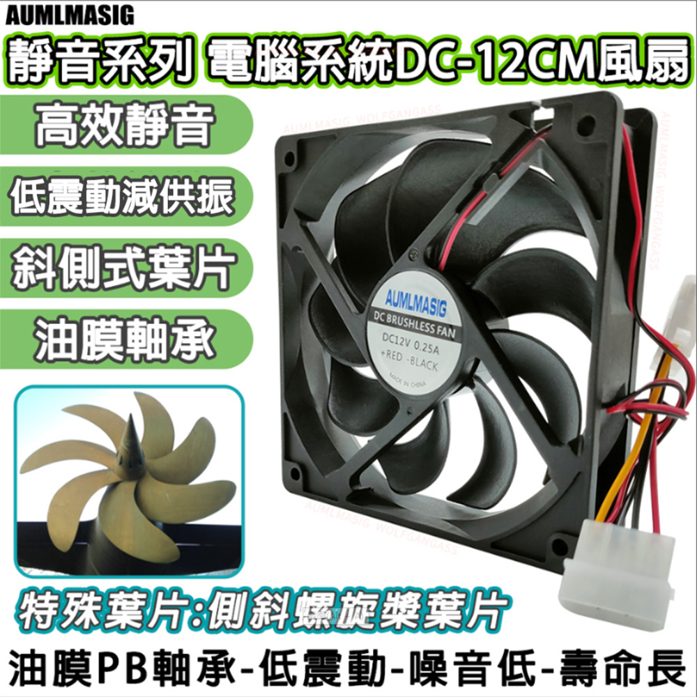 【AUMLMASIG】超靜音-低轉速-低震動-1400RPM電腦系統風扇DC12CM 斜側式旋渦葉片節能機殼 機械硬碟/機殼風扇/適用 大4PIN供電-減少共振