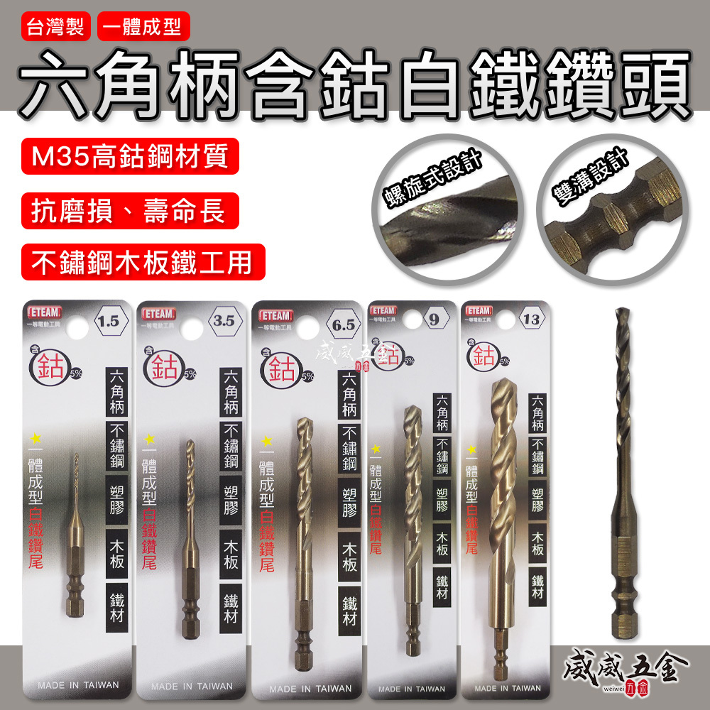 台灣製 一等 久美力｜1.5-13mm｜M35 一體成型六角柄含鈷白鐵鑽頭 高鈷鑽尾 不鏽鋼木板鐵工用金屬鑽頭