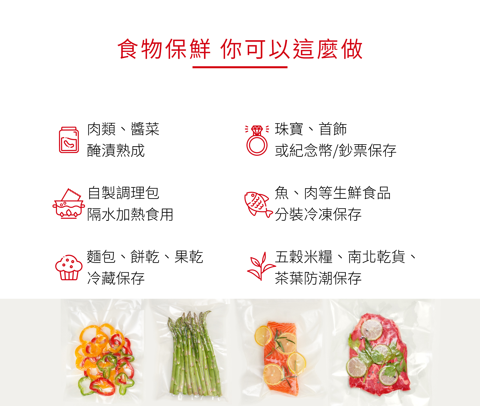 食物保鮮 你可以這麼做肉類醬菜、珠寶、首飾醃漬熟成或紀念幣/鈔票保存自製調理包魚、肉等生鮮食品隔水加熱食用裝冷凍保存麵包、餅乾、果乾五穀米糧、南北乾貨、冷藏保存茶葉防潮保存