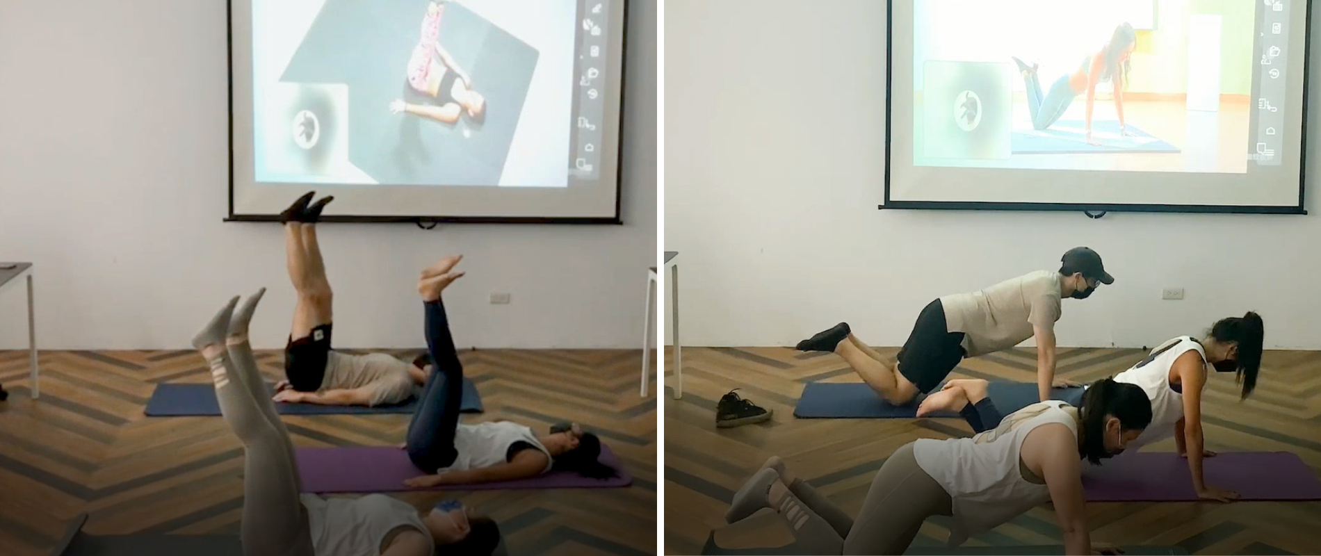 三個人看著影片做運動