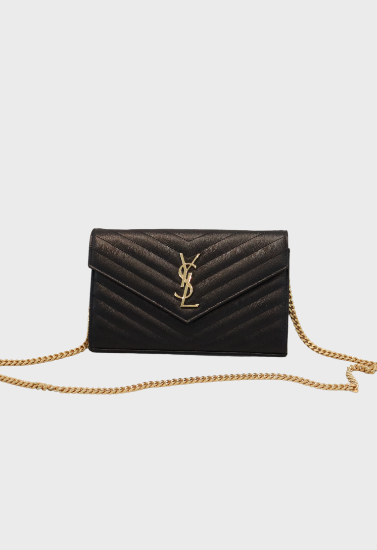 YSL ENVELOPE CHAIN WALLET IN GRAIN DE POUDRE EMBOSSED L