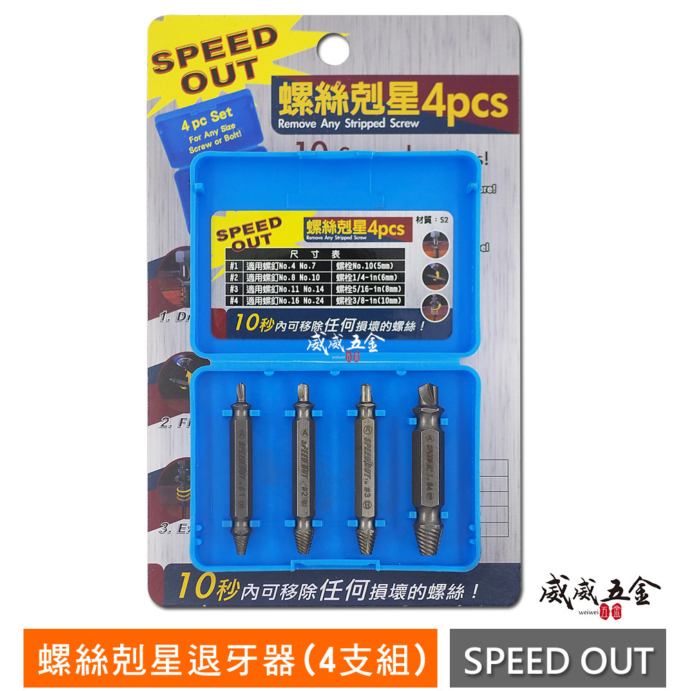 藍盒 SY 倒牙螺絲取出器｜六角柄斷頭螺絲救星｜鑽孔鑽頭+退牙器4支組｜倒牙螺絲反牙退崩牙螺絲損壞拆卸器