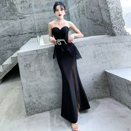 魚尾開衩 平口收腰禮服(黑/白)