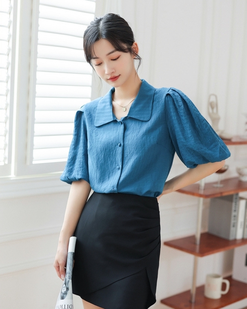 藍S【零碼出清不退換】澎袖包釦娃娃領襯衫