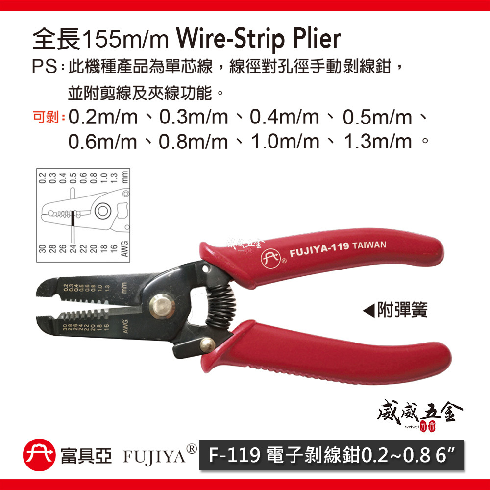 FUJIYA 富具亞｜0.2-1.3mm 電子剝線鉗 6'' 線徑對孔徑-手動剝線鉗 剪線夾線鉗｜F-119