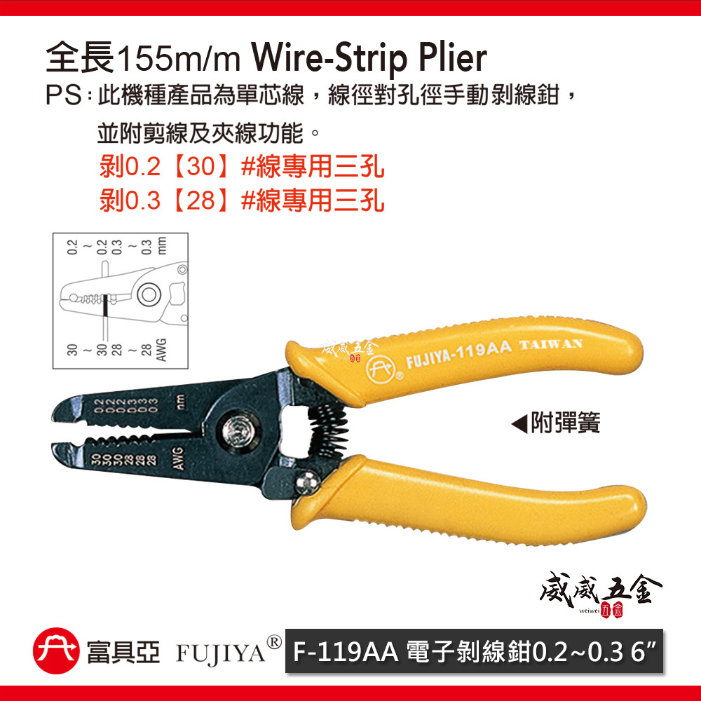FUJIYA 富具亞 台灣製｜0.2 0.3三孔 電子剝線鉗 6'' 手動剝線鉗 剪線夾線鉗｜F-119AA