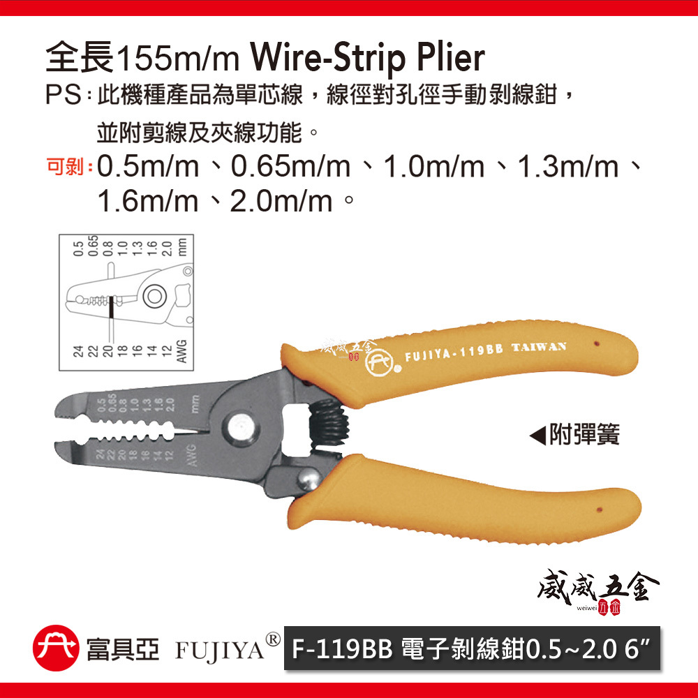 FUJIYA 富具亞｜0.5-2.0mm電子剝線鉗 6'' 線徑對孔徑手動剝線鉗 剪線夾線鉗｜F-119BB