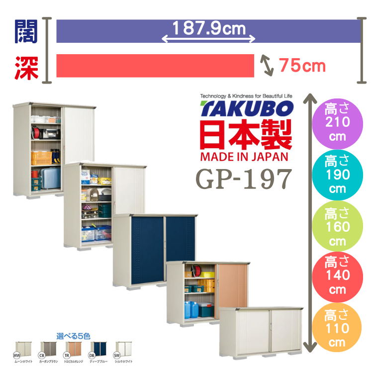 GP-197, W187.9 x D75 cm 日本Takubo 戶外小型儲物櫃 - H( 110 / 140 / 160 / 190 / 210 )