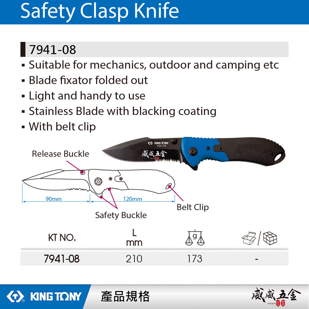 KING TONY 金統立 台灣製｜摺疊切割刀 安全折疊刀 切刀 露營刀 鍍黑不銹鋼刀片｜7941-08