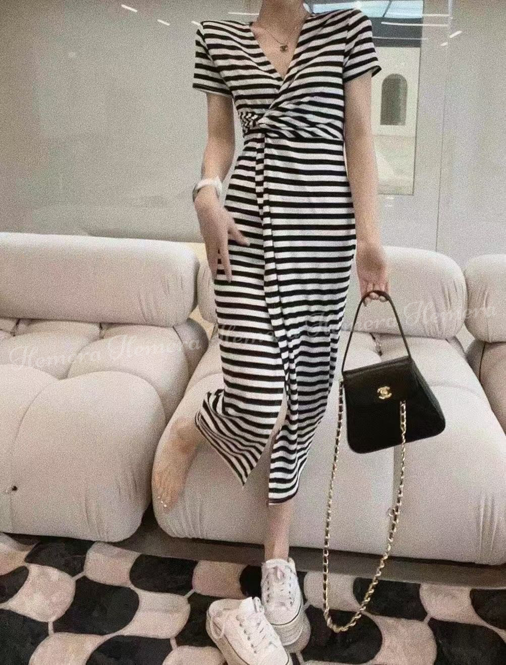 In Stock: Cotton Deep V Knot Long Dress DR22S08005