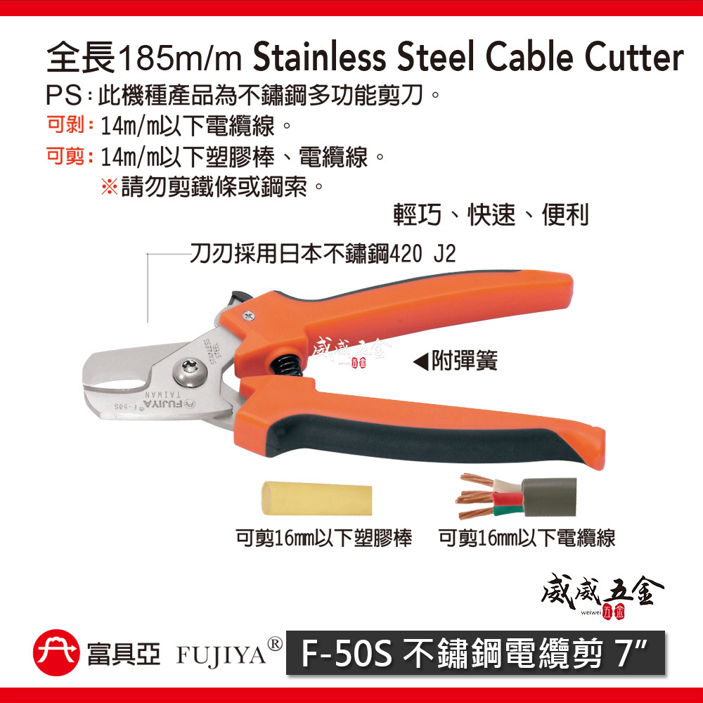FUJIYA 富具亞 台灣製｜不鏽鋼電纜剪刀 日本刀刃多功能剪刀 電焊線刀 電纜線 塑膠棒剪刀｜F-50S