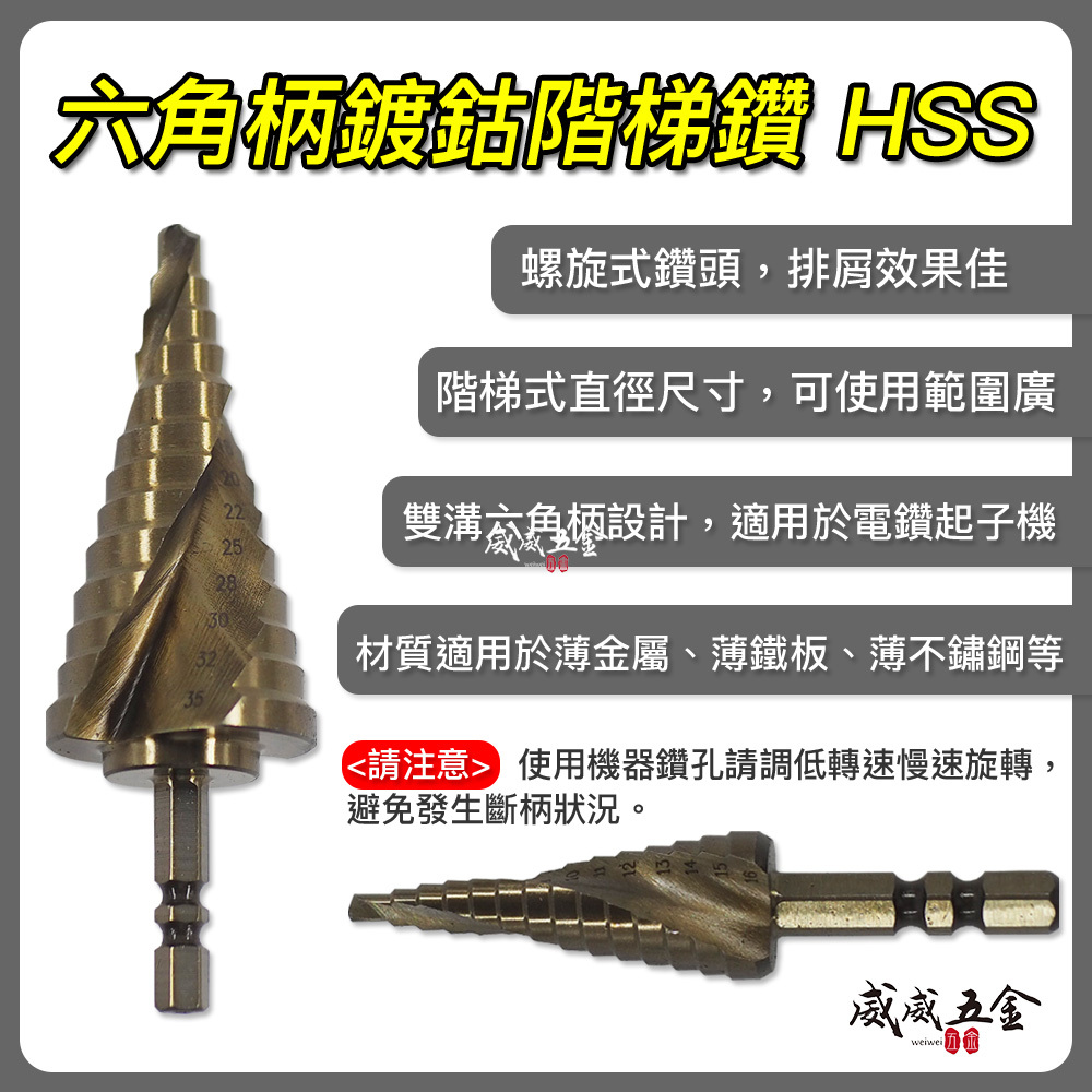 香檳色｜HSS 六角柄鍍鈷螺旋型階梯鑽 六角軸階梯鑽頭 六角階梯鑽尾 薄白鐵不鏽鋼用階梯鑽｜零售-3支組
