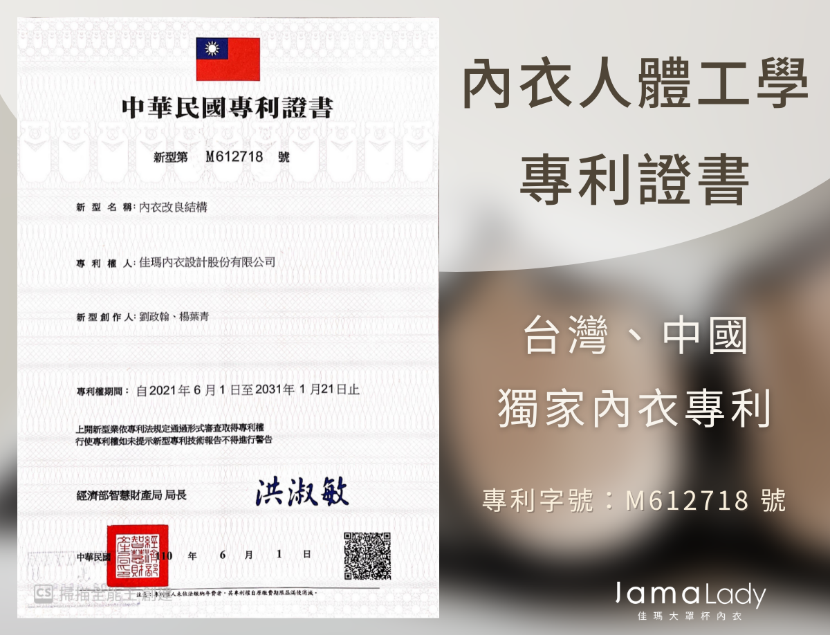 佳瑪大罩杯內衣，鋼圈內衣人體工學專利證書