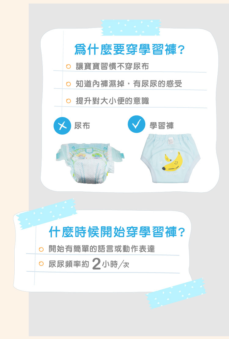3層可愛香蕉學習褲使用介紹 幼兒使用學習褲說明,當小孩開始有簡單的語言或動作表達,即可開始穿學習褲