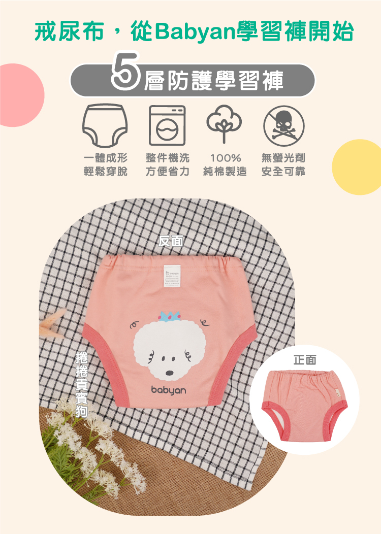 5層捲捲貴賓狗學習褲設計說明 IOHS 十分幸福 (100-120CC)5層Babyan捲捲貴賓狗學習褲,一體成形,可機洗、100%純棉製造、無螢光劑