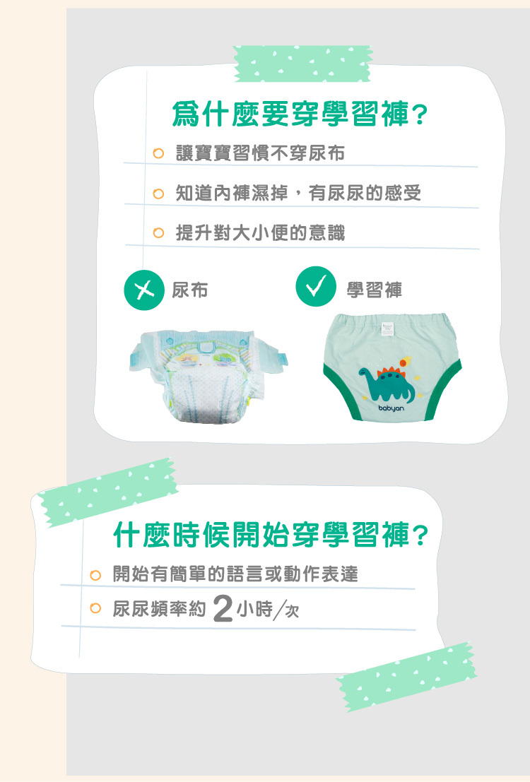 幼兒使用學習褲說明，當小孩開始有簡單的語言或動作表達，即可開始穿學習褲