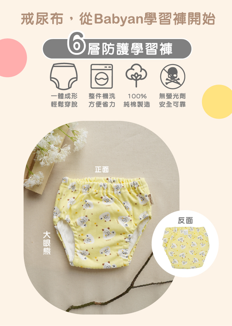6層大眼熊學習褲設計說明 IOHS x babyan (100-120CC)6層大眼熊學習褲,一體成形,可機洗、100%純棉製造、無螢光劑