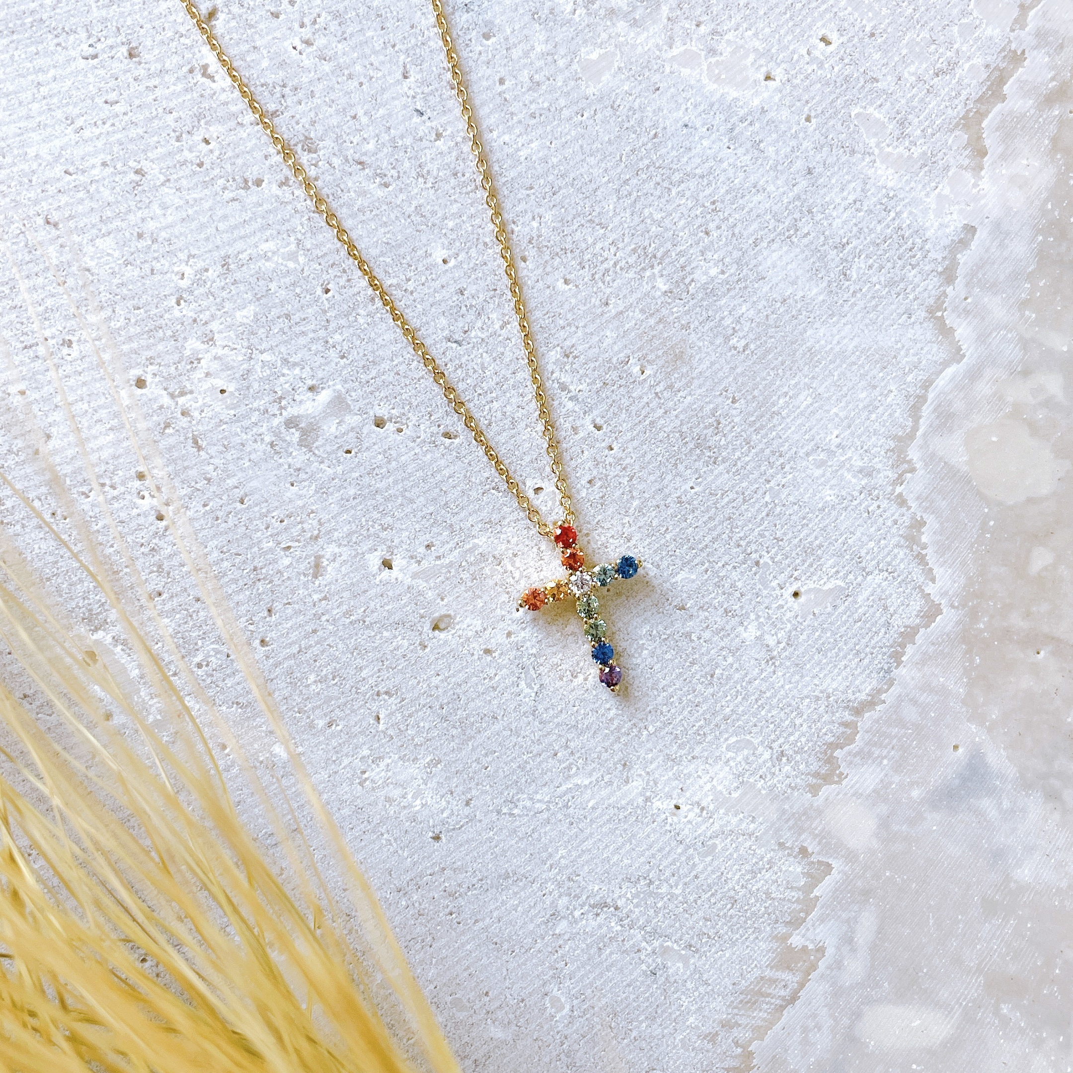 18K金彩虹藍寶石鑽石套鍊-十字架B