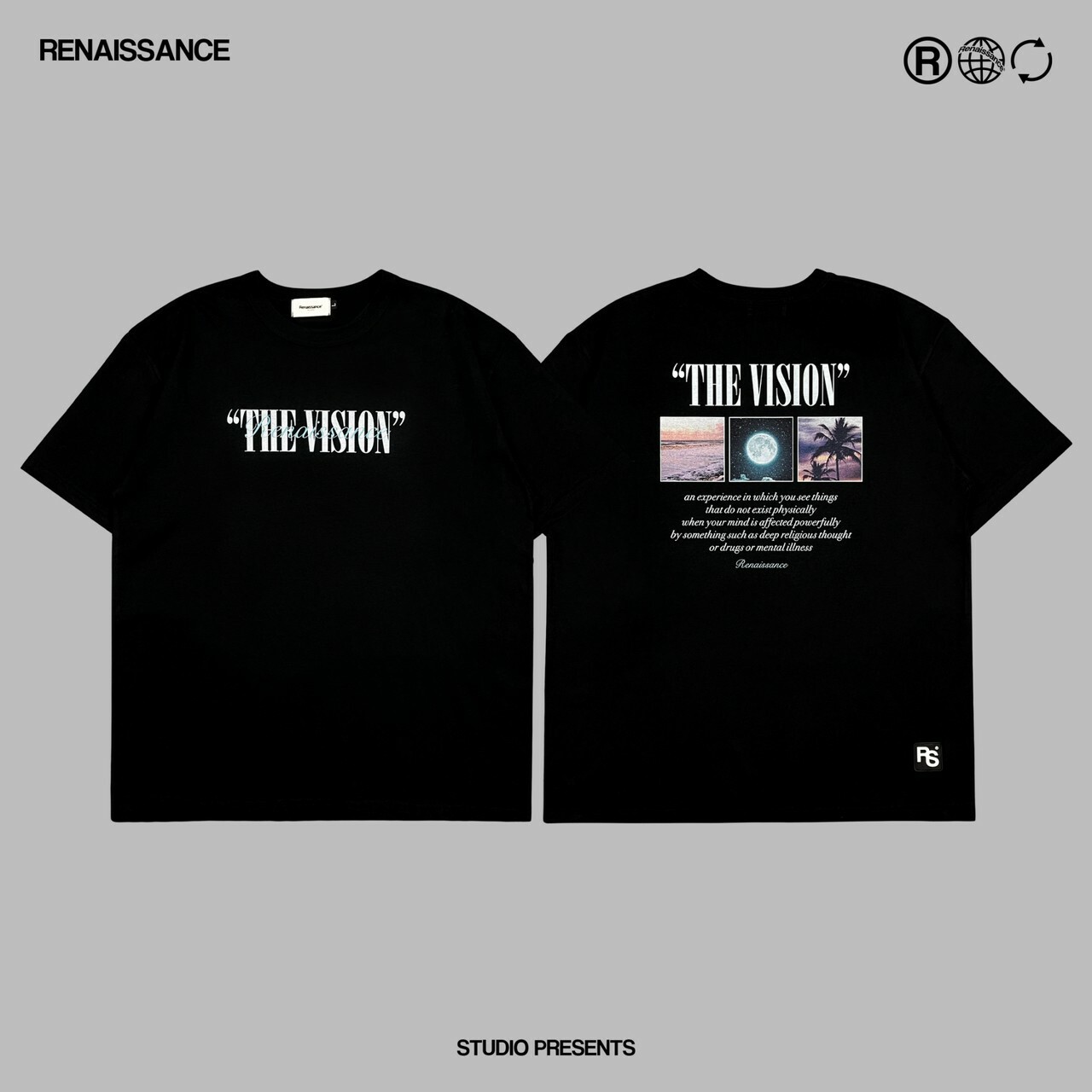 RENAISSANCE THE VISION 棕櫚樹 月亮 海浪 圖像標語短袖 T “  THE VISION TEE “
