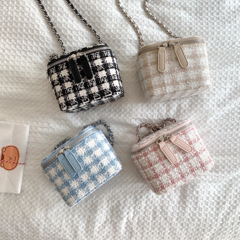 小香風毛呢格紋盒子包/四色