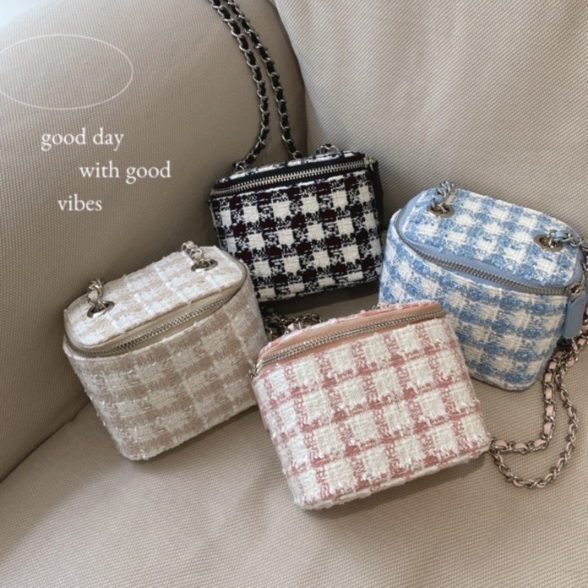 小香風毛呢格紋盒子包/四色