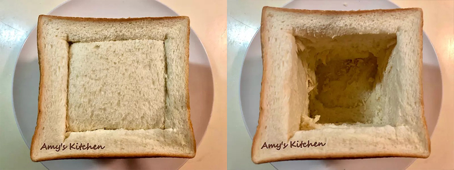 1.吐司可以自己做或買現成的，若買現成的請麵包店幫忙留沒切片的白吐司，用麵包刀沿麵包殼每邊留約1.5cm，邊將吐司內白肉切起來