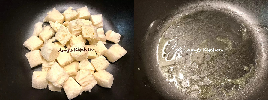 3.將吐司內白肉切成方塊，這時烤箱預熱180度10分鐘