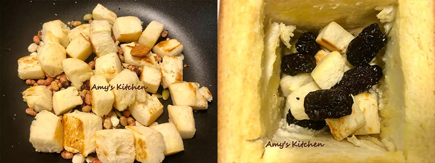 7.烤吐司殼時間，把吐司方塊跟堅果放到鍋中小火煎金黃，用奶油煎吐司香氣才濃郁，也可以加點糖在奶油裡，一起煎吐司塊