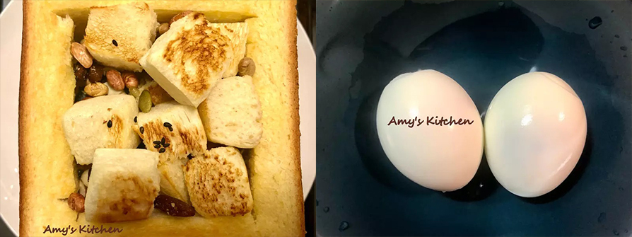 9.堆疊吐司內磚過程，可以沾藍莓優格吃，或是蜂蜜、煉乳、楓糖、巧克力醬等甜蜜蜜的糖漿