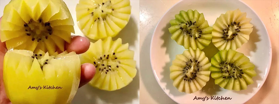 11.奇異果跟蛋花式切法：先切掉頭尾兩端蒂頭後削皮，左手拿奇異果右手拿小刀，在奇異果的肚子劃一圈山字，就如照片這樣囉